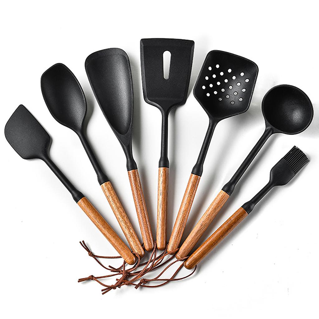 3/7pcs Black Silicone Kitchenware Set Non-Stick Cookware Kitchen Utensils Set Wooden Handle Spatula Shovel Ladle Cooking Tools
