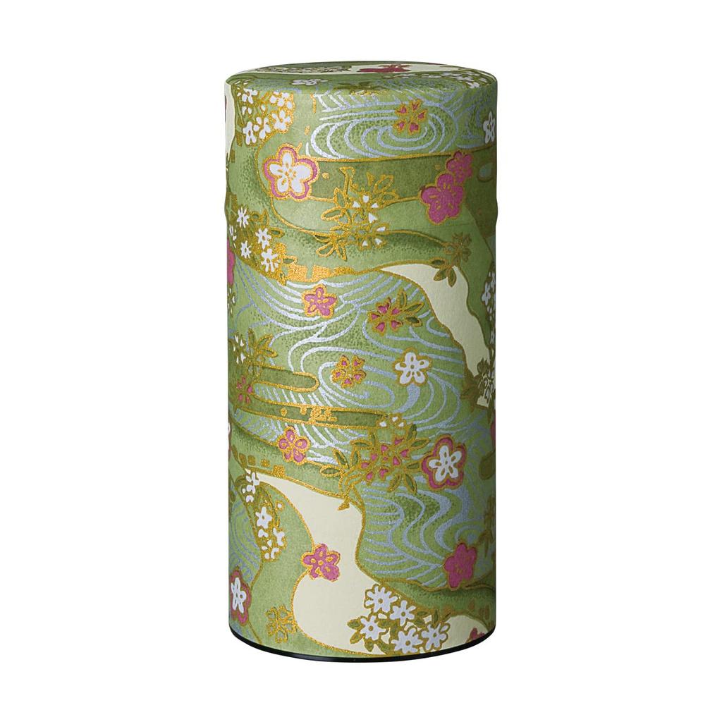 Noguchi Kumataro Tea Garden Tea Caddy, Large Capacity 200g, with Washi Paper and Inner Lid, Shikisai Green, Made In Japan, Stylish