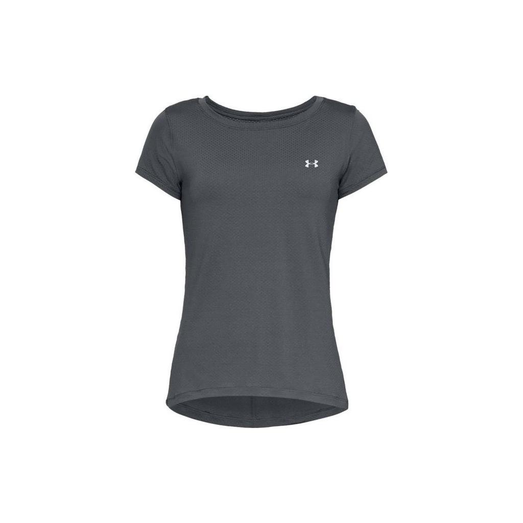 Under Armour HeatGear Armour Logo Print Crew Neck Sports T-Shirt Women Tops Gray 1328964-012