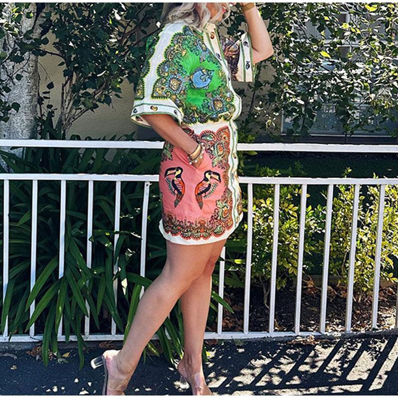 YYFS Dámská móda Léto Jaro Květinový potisk Krátký rukáv POLO Neformální šaty se středním pasem