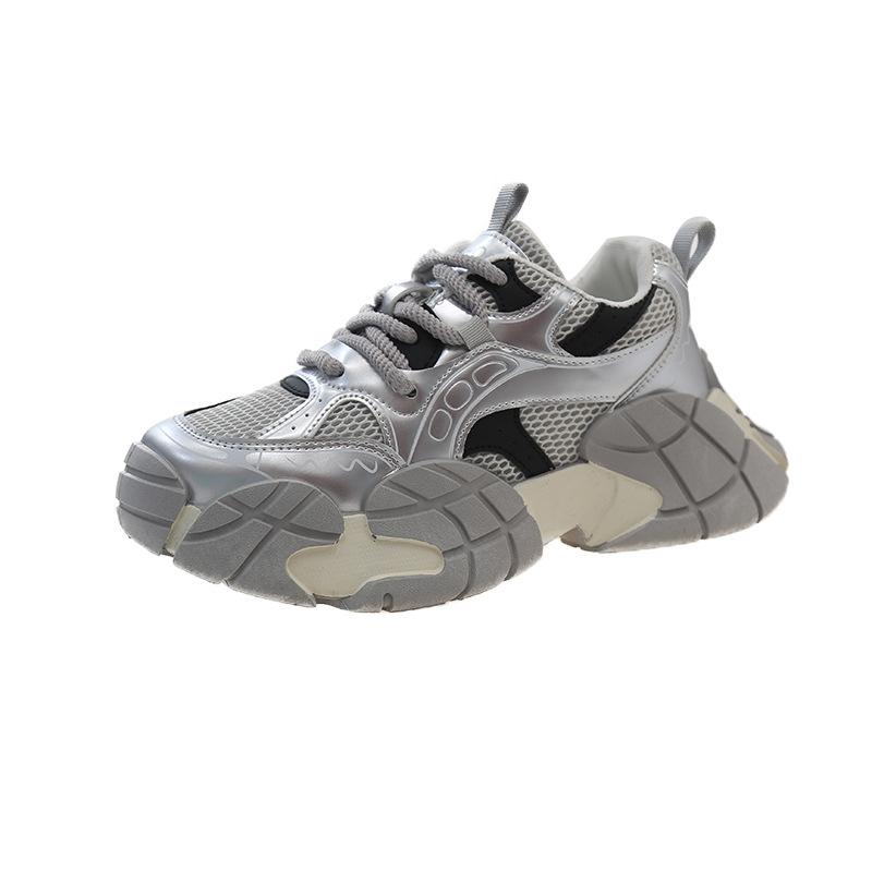 Silver women's autumn new thick-soled mesh breathable and lightweight casual sports shoes