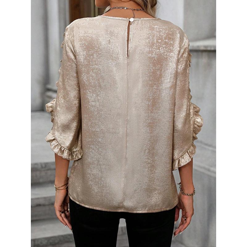 Fashion Summer Ruffled Short Sleeve Casual Shirts for Women Elegant Solid Round Neck Vintage Loose Blouse Women Tops Simple Office Ladies Shirt 26539