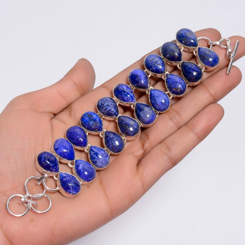 Dazzling Top Grade Qualite 100% Natural Lapis Lazuli Pear Shape Ethnic Style Handmade Jewelry 925 Steling Silver Bracelet 5-8" WSJ-4715