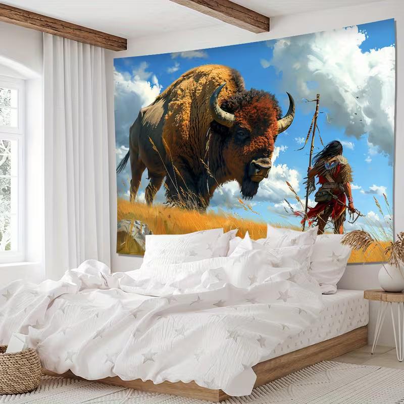 2D Wild West Bison and Native Warrior Art Tapestry Background Cloth for Bedroom Living Room