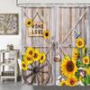 Rustic Spring Summer Sunflowers Butterfly Shower Curtain for Bathroom, Wooden Board Western Barn Door Farmhouse Bath Curtain, Fa