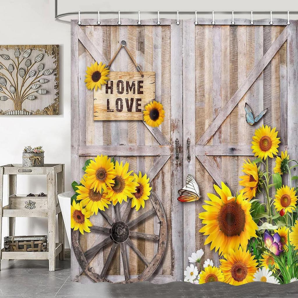 Rustic Spring Summer Sunflowers Butterfly Shower Curtain for Bathroom, Wooden Board Western Barn Door Farmhouse Bath Curtain, Fa