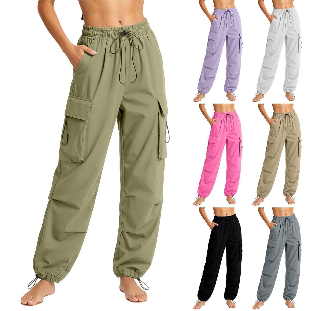 Women Casual Cargo Pants Elastic Waistband Drawstring Adjustable Ankle Pockets Loose Fit Workwear Trousers