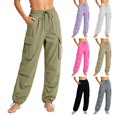 Women Casual Cargo Pants Elastic Waistband Drawstring Adjustable Ankle Pockets Loose Fit Workwear Trousers