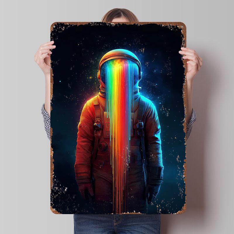 Rainbow Astronaut In Space Metal Poster Customized Wall Art Retro Vintage Tinplate Signs for Office Decoration Room Wand Deko