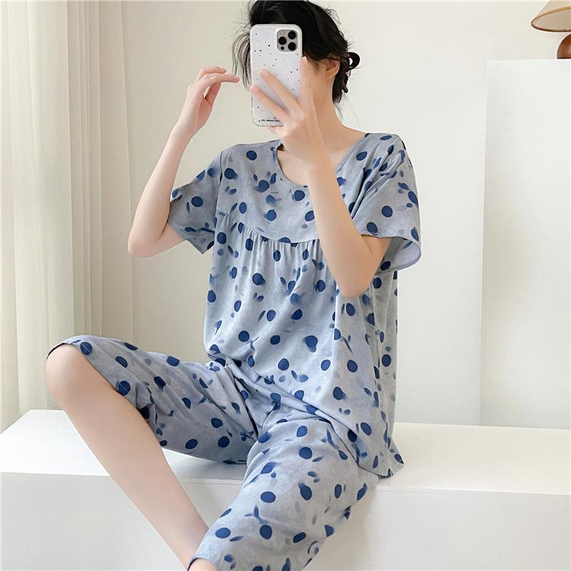 1011 Spring and Autumn Short Sleeve New Printed Pajama Set Summer Thin Sweet Floral Loose Loungewear