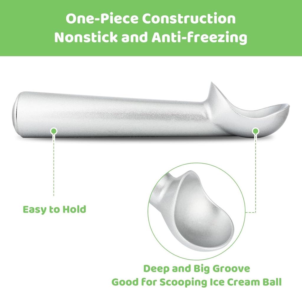 7" Nonstick Anti-Freeze Aluminum Ice Cream Scoop, Heavy-Duty, Easy Clean, for Gelato, Dough & More (Silver)