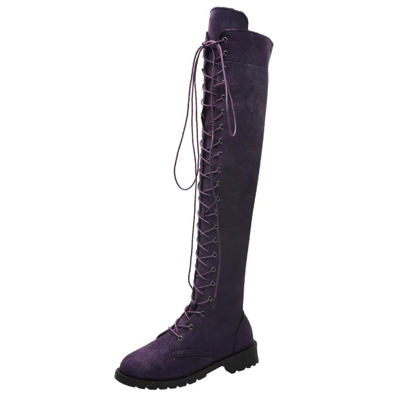 Fashion Casual Women's Boots Low Heels Flock Winter Over Knee Boots for Woman 2025 Lace Up Fashion Female Thigh High Boots2025