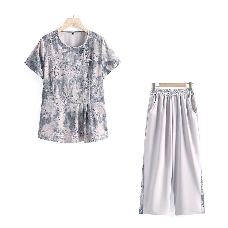 2025 Summer Chinese Style Top & Chiffon Short Sleeve Two-Piece Set for Middle-Aged Women