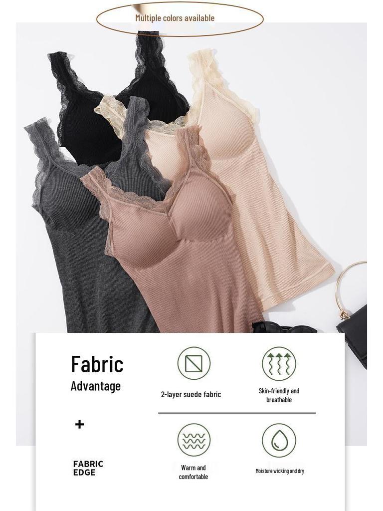Women's Fleece-Lined Slim-Fit Lace Camisole with Chest Pads - Warm Vest