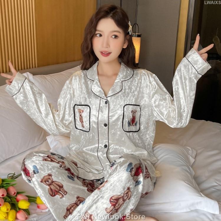 

Пижама с рисунком медведя на осень и зиму, женская, золотистая, бархатная, с лацканами, кардиган с длинным рукавом, брюки, простая повседневная домашняя одежда XXL