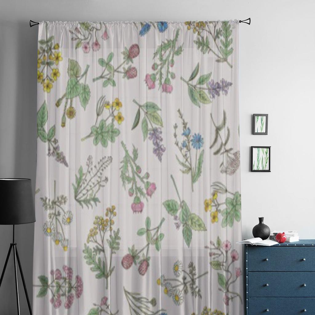 Verschiedene handgezeichnete Kräuter und Blumen auf zarten rosa Chiffon-Transparentgardinen Wohnzimmer Schlafzimmer Fenster Voiles Tüllvorhang