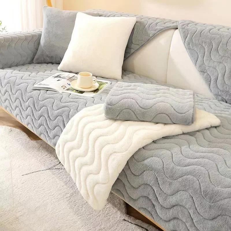 Super Soft Rabbit Plush Quilted Sofa Towel Winter Warm Thick Plush Couch Cover L-shaped Sectional Anti-slip Sofa Cover