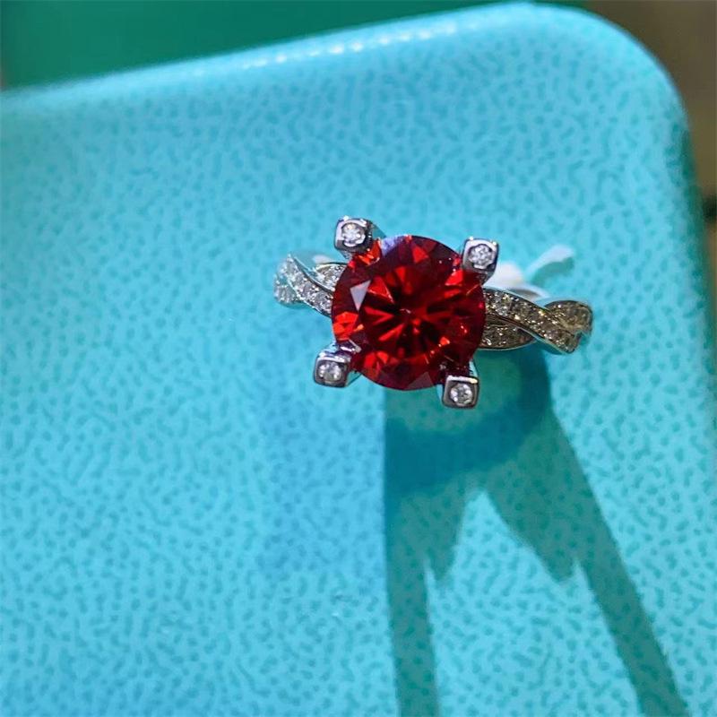 2 Carat Pigeon Blood Red Moissanite Ring - Rich Color, Diamond-Tester Approved. Size 19