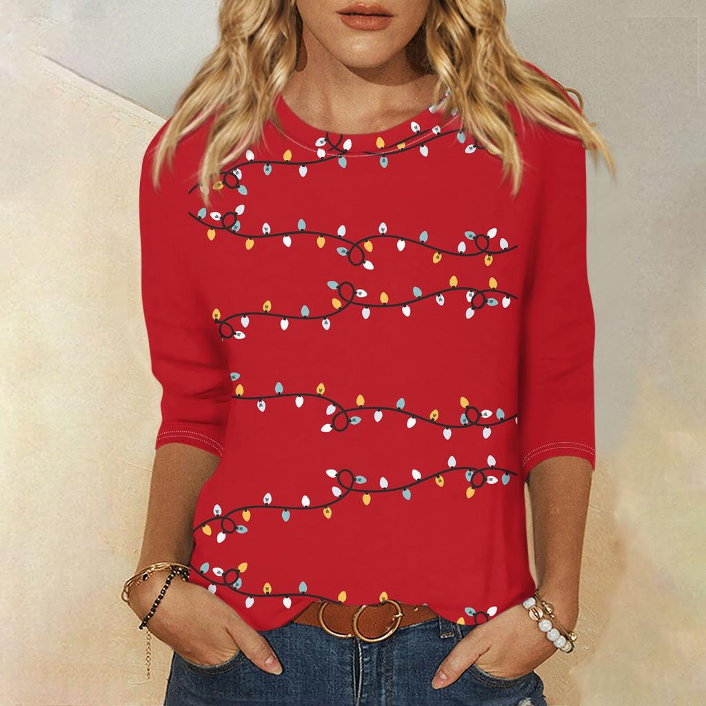 Christmas Limited Edition Women's 3D Red Christmas Tree Printed Round Neck Long Sleeve T-shirt Fashion Casual Long Sleeve Top
