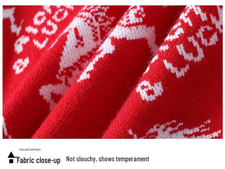 Unisex Festive Red Year of the Horse Round Neck Sweater - Chinese Zodiac Base Layer Knitwear