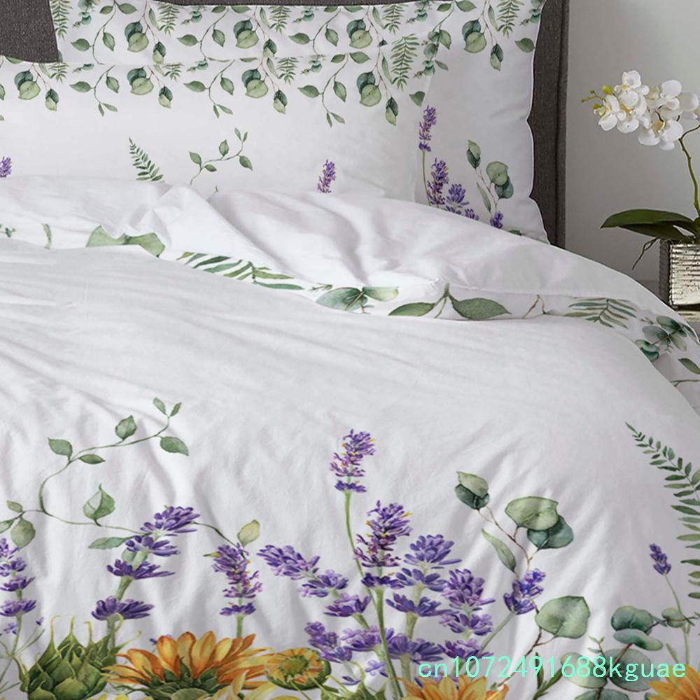 Fiori Selvatici Eucalipto Girasole Pianta Lavanda Set Biancheria da Letto 3 Pezzi per Letto Matrimoniale Tessile per la Casa Copripiumino Coperta Copricuscino