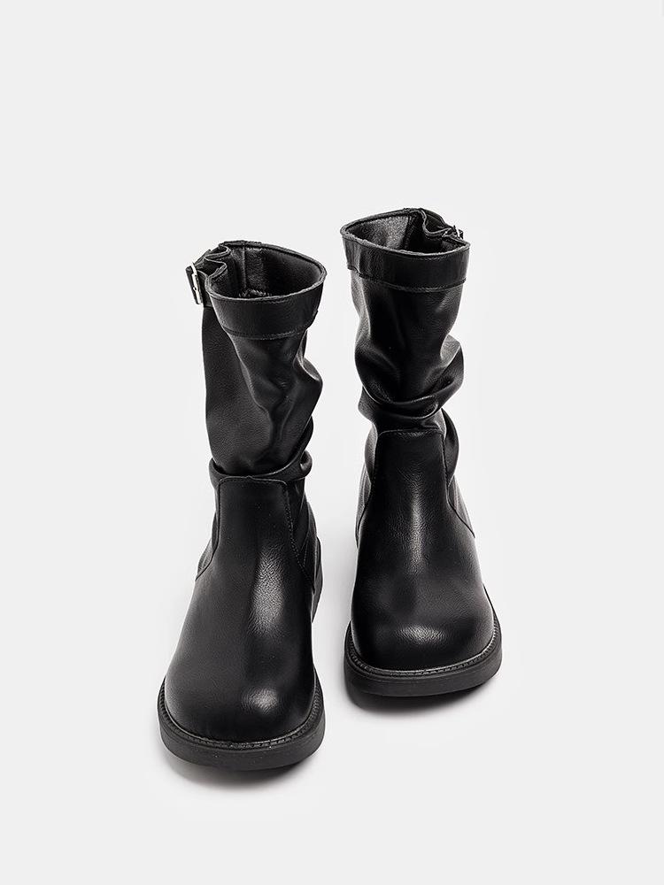 Brown Thick Heel Retro Pleated Pile Boots British Style Short Boots Women's 2025 Spring and Autumn New Round Head Boots Medium Boots