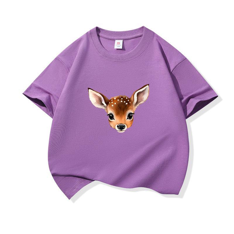 Kids Cotton T Shirt Cute Peeking Deer Print Crew Neck Short Sleeve Tee Casual Breathable Boys Girls Summer Tops