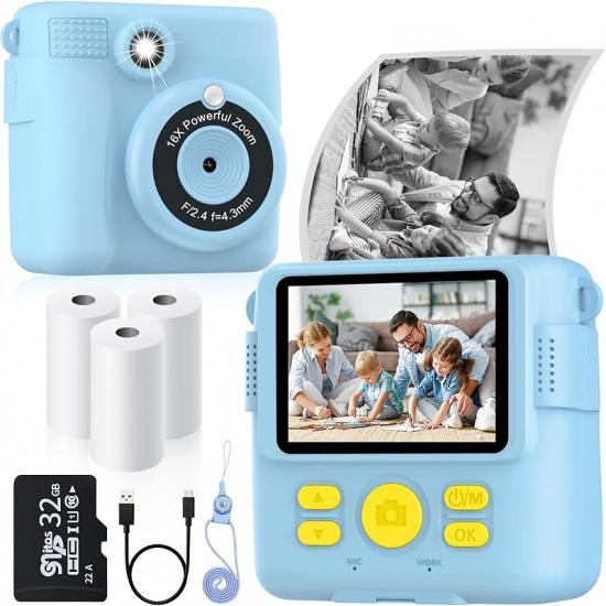 Instant Print Camera for Kids with 3 Rolls of Printer Paper, 1080P Toddler Digital Camera Toys for Age 3-12 with 32GB SD Card, Christmas & Birthday