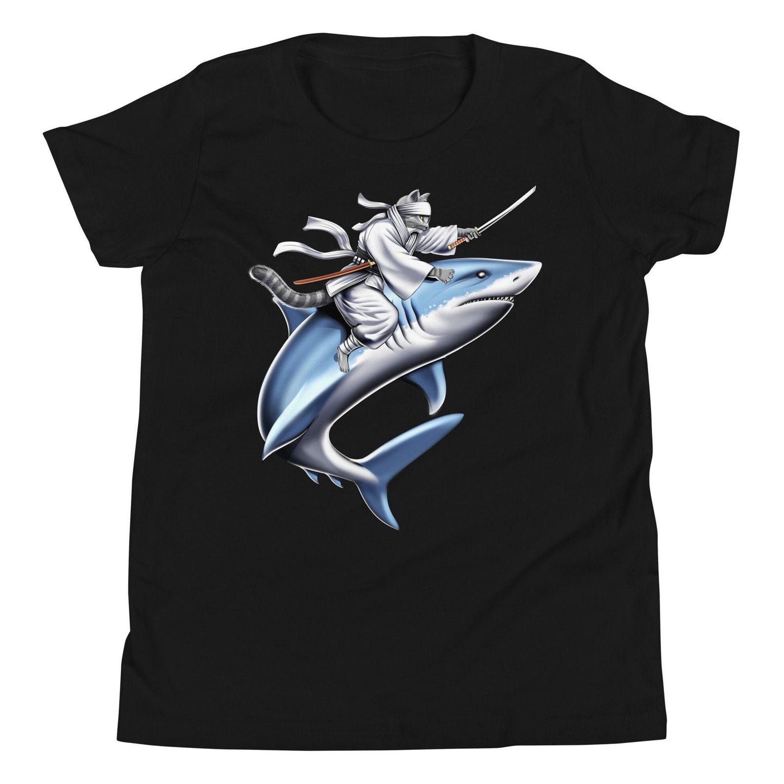 Japanese Samurai Cat Riding Shark Kids T-Shirt, Samurai Warrior Boys Tee, Ninja Shirt, Samurai Clothing, Samurai Clothes, Samurai Apparel 100