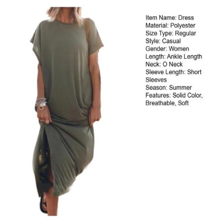 Soft Breathable Women Summer Casual Maxi Dress Round Neck Thin Short Sleeves Loose Solid Color Side Split Ankle Length