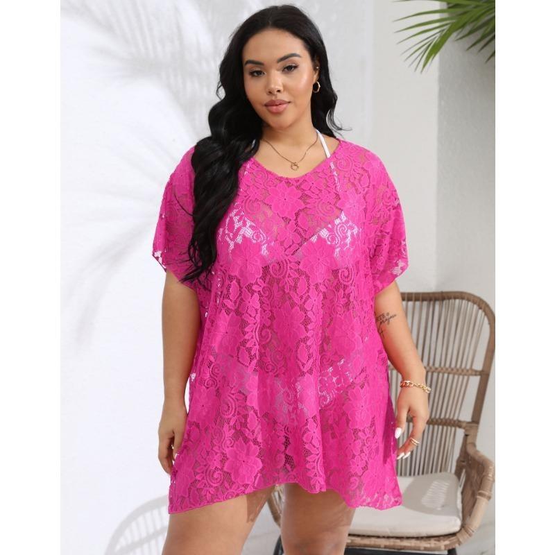 Plus Size Women's Sexy Lace Hollow Out See Through V-Neck Split Beach Dress Cover-ups