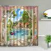 Ocean Scenery Shower Curtains Ldyllic Building Flower Plant Spring Landscape Bathroom Curtain Waterproof Fabric Bathtub Screen