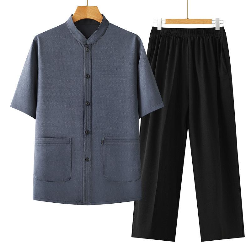 

Middle-aged Men s Short-sleeved T-shirt Grandpa Tang Suit Sweatshirt Summer Cardigan Top Suit Dad Old Man s Shirt Two-piece Set 44