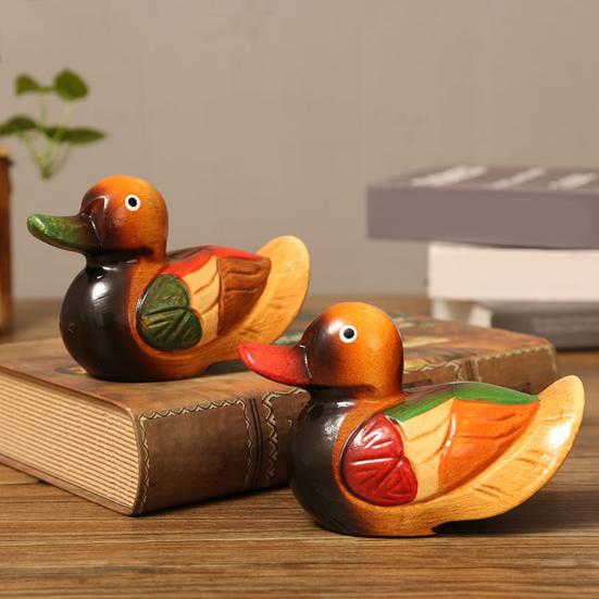 Yousheng 1 Pair Wedding Ducks Ornament, Hand-Painted Wooden Mandarin Duck Statues, Color Lasting Garden Bird Statue, Wooden Ducks Statues for Home