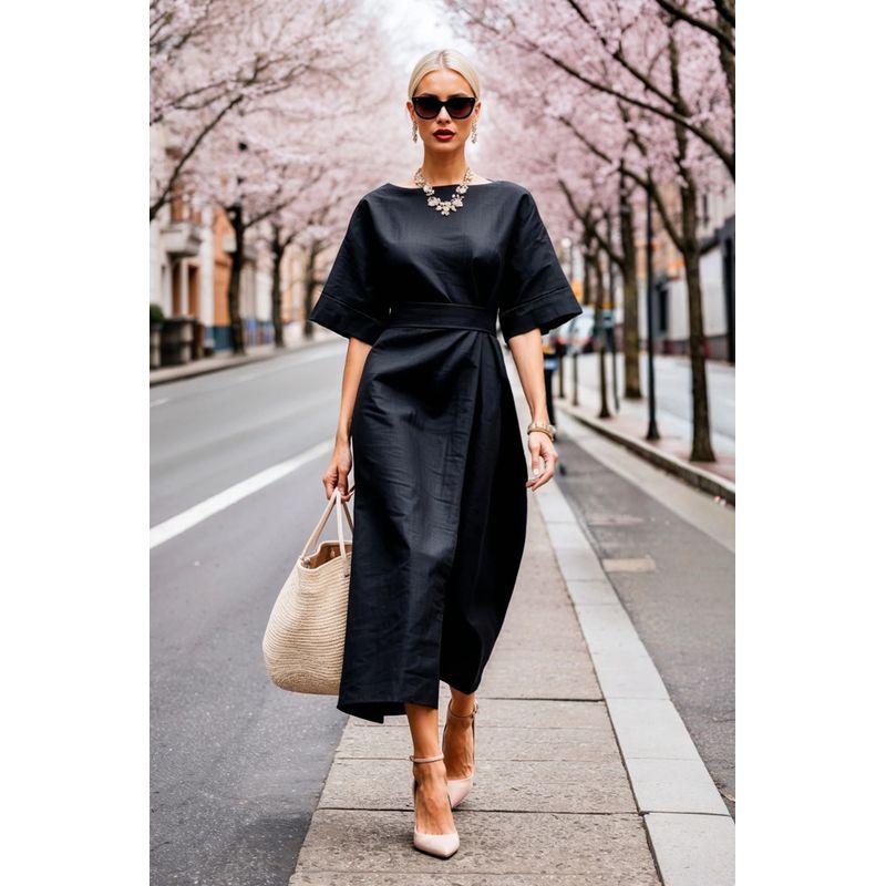 

2025 European and American New Summer Fashion round Neck Solid Lace-up One piece Dress Women clothing Black M