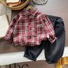 Boys' 2025 Korean Style Plaid Two-Piece Set: Long-Sleeve Casual Shirt for Kids