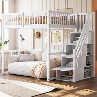 Loft Bed 140x200cm with Safety Storage Ladder, Safety Railing, Bed Frame of Solid Pine, for Children, Teenagers and Adults, White, Old SKU LDB00311AAK