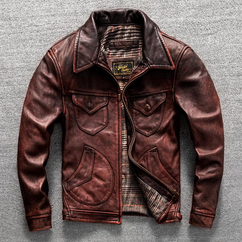 

Retro Old-layer Cowhide Men s Lapel Motorcycle Suit Genuine Leather Jacket Autumn and Winter Jacket S