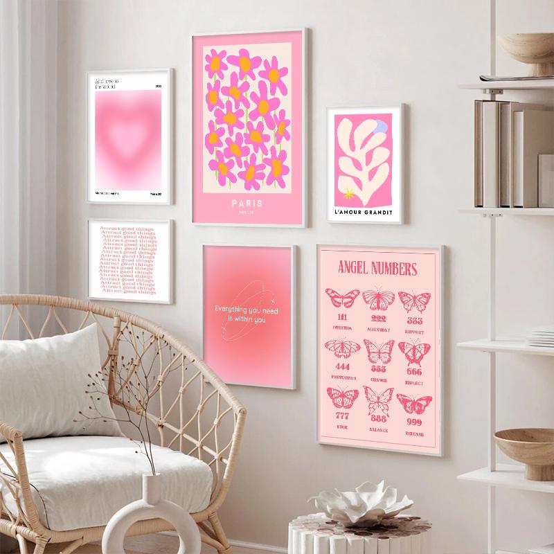 Pink Flower Market Exhibition Canvas Painting Angel Number Abstract Poster Wall Art Poster Bedroom Girls Room Frameless Wall Art