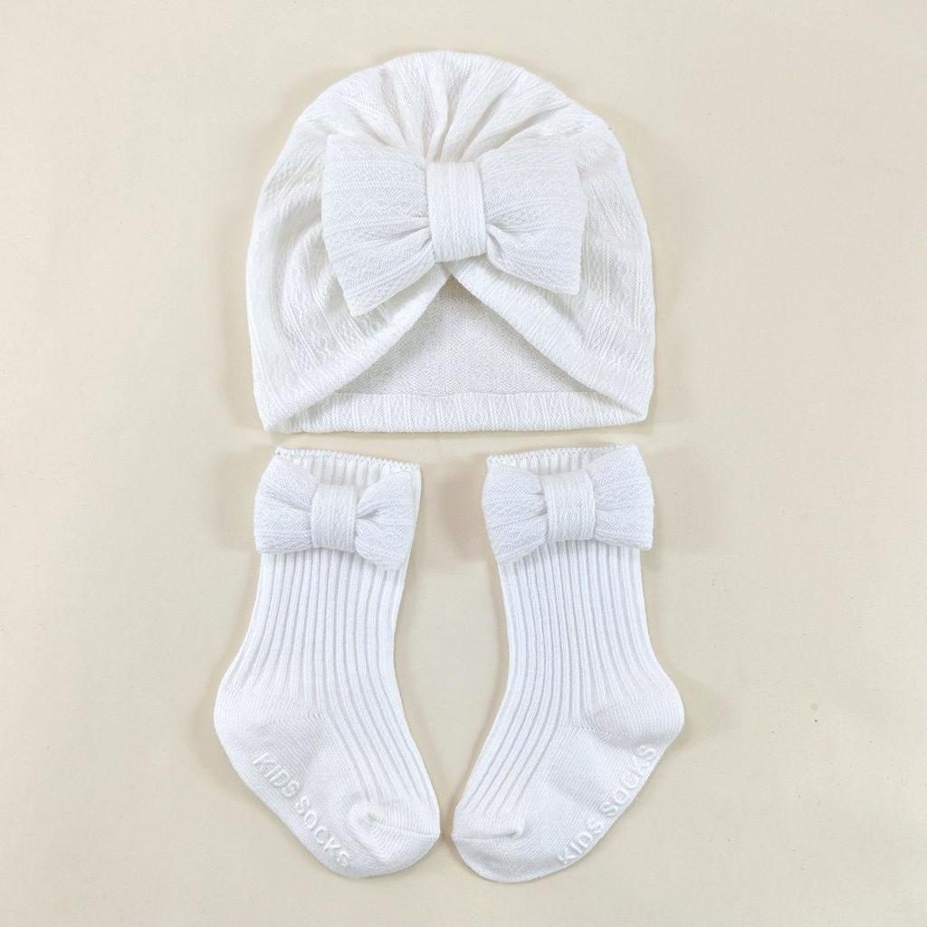 Spring & Autumn Baby Hat and Sock Set with Bow - Newborn Turban and Headband Style