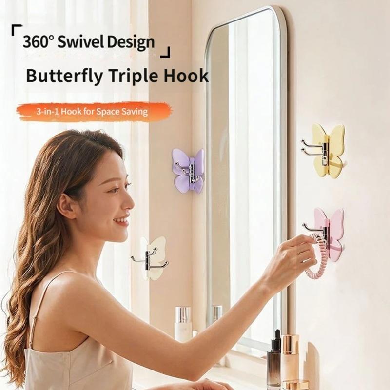 Butterfly Rotating Individual Adhesive Hooks,Butterfly Clasp Bathroom Corner Hook with 3-Hook 270° gyrate,None Drill Wall Mount Storage Hooks for Home