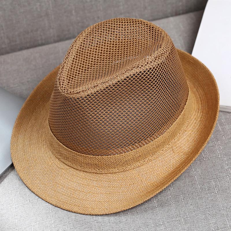 Men's Summer Straw Hat Breathable Mesh Openwork Sun Protection UV Shield Rolled Brim for Outdoor Travel Beach Activities