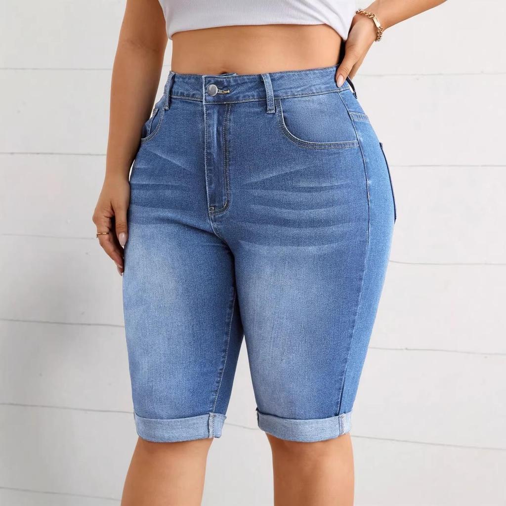 2026 Evropské Strečové Džínové Bermuda Šortky ve Velikostech Plus Size, Prané Modré, Středně Vysoký Pas, Smanšující Design Capri s Ohrnutými Nogami