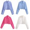 With Pockets Vintage Button-up Blouses Striped Women's Cropped Shirt Leisure   Travel