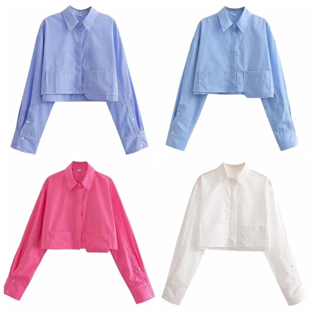 With Pockets Vintage Button-up Blouses Striped Women's Cropped Shirt Leisure Travel