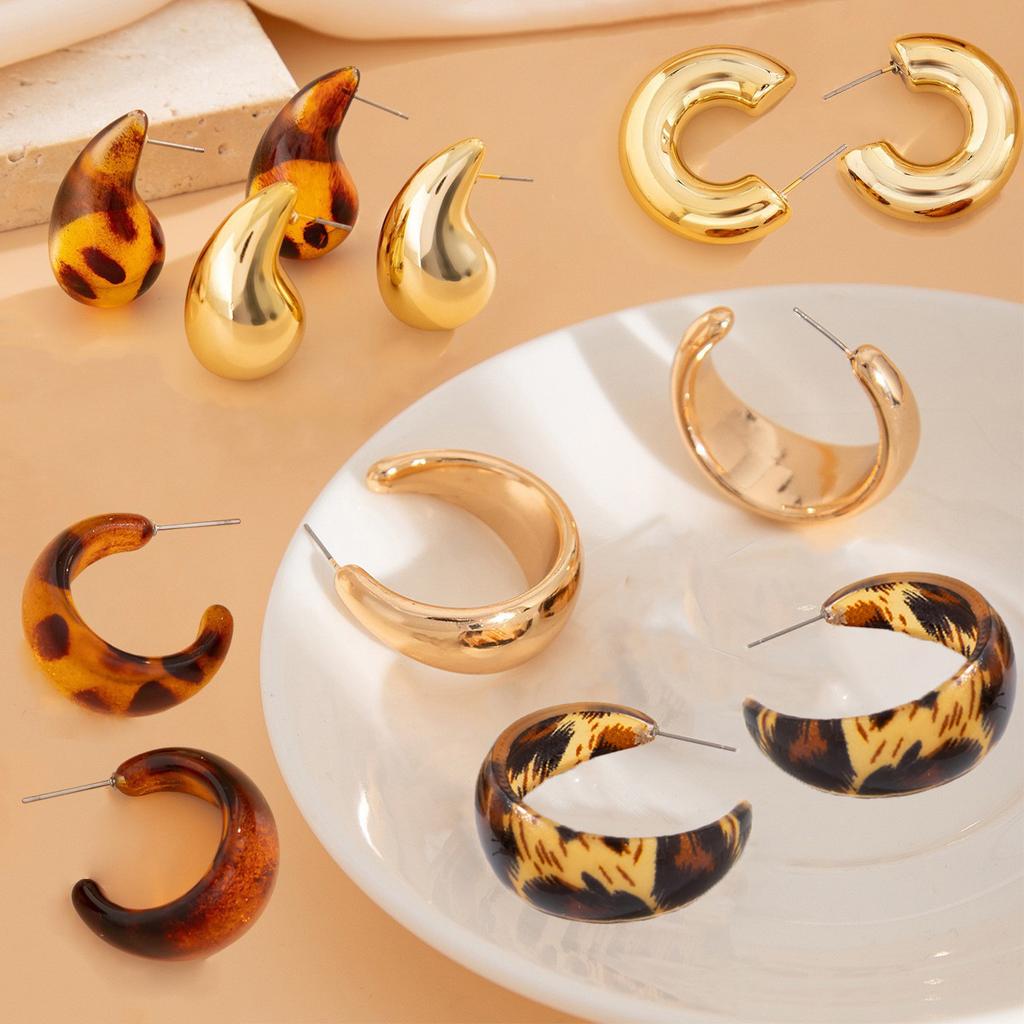 Earrings Niche Metal Smooth C-shaped Stud Earrings Set, Personalized Geometric Resin Leopard Print Earrings