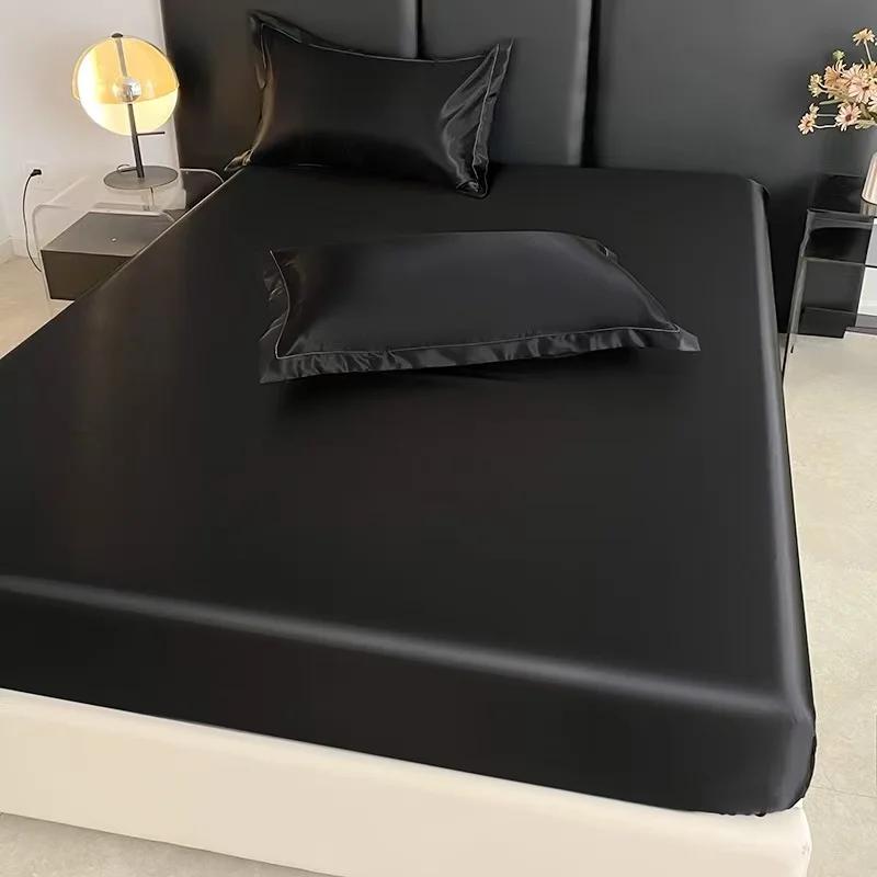Satin Elastic Fitted Sheet Solid Mattress Cover  for Single Double Couple King Queen Full Twin Bedsheet  (No Pillowcase)