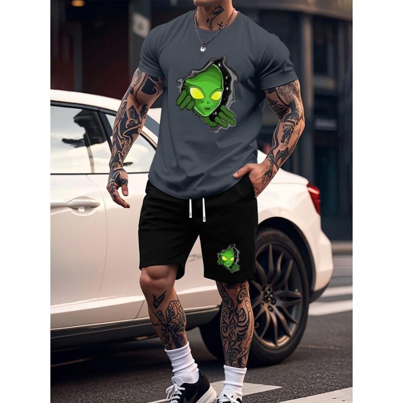 Green alien print summer men s fashion 2-piece set S