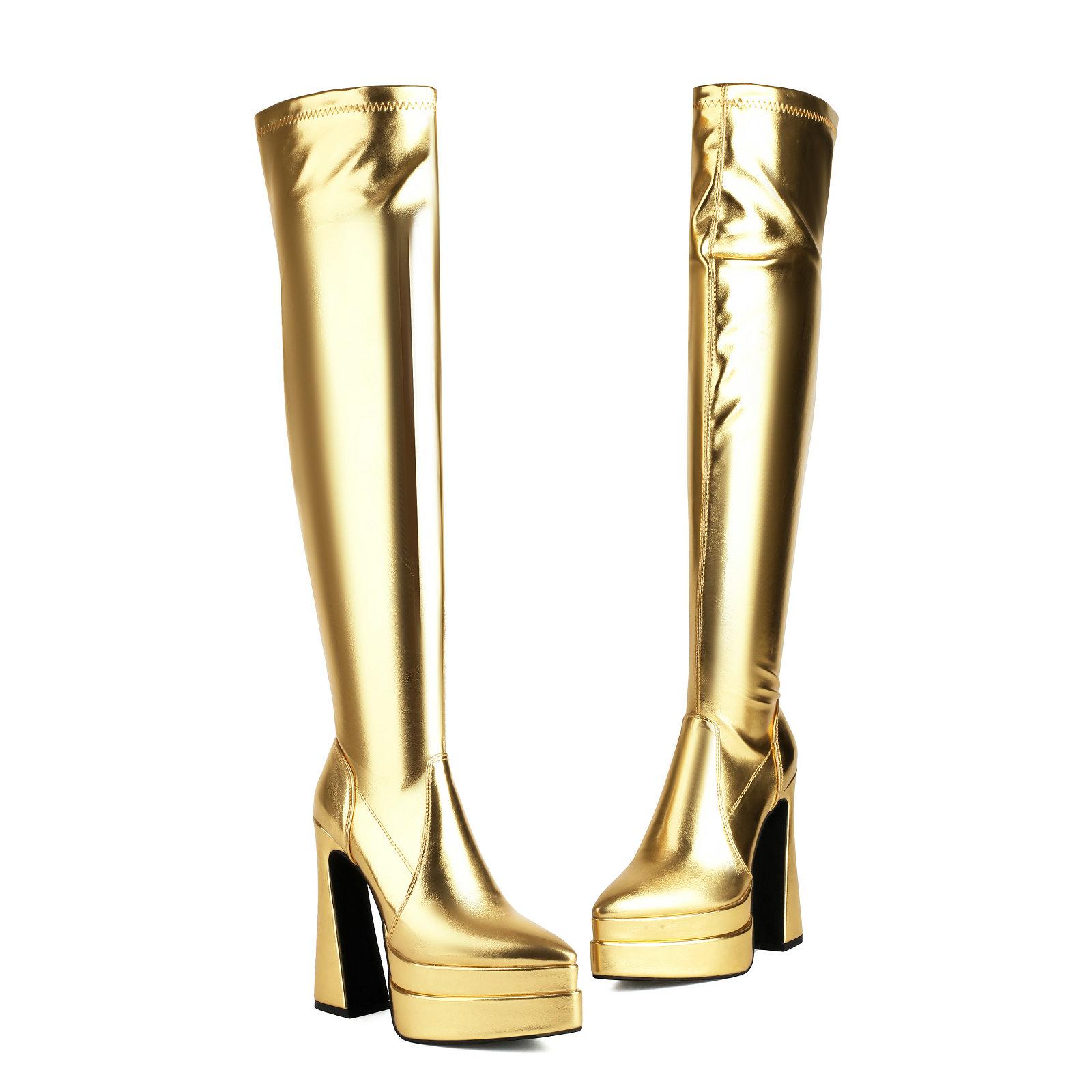 

Стрейч Длинные Сапоги Выше Колена для Зимы Женские Сапоги на Высоком Каблуке до Бедра 2025 Сексуальная Обувь на Платформе Золотой Серебристый Sung Подходящий Размер 43 38 золотой
