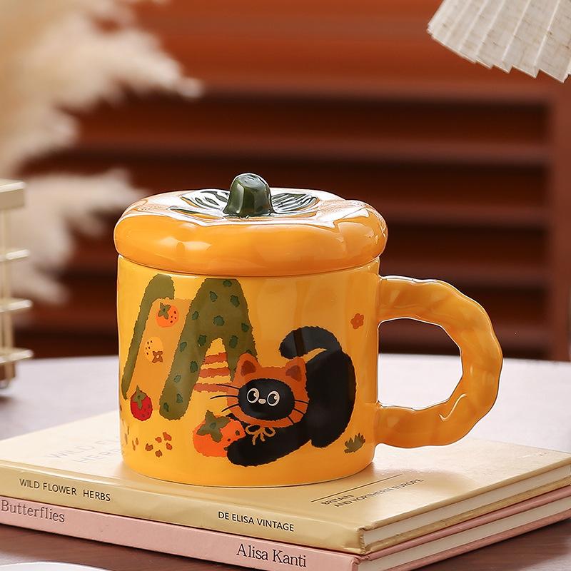 Opening Small Gift with Lid Cartoon Cat Cute Water Cup Household Set Ceramic Cup High Value Small Orange Cup
